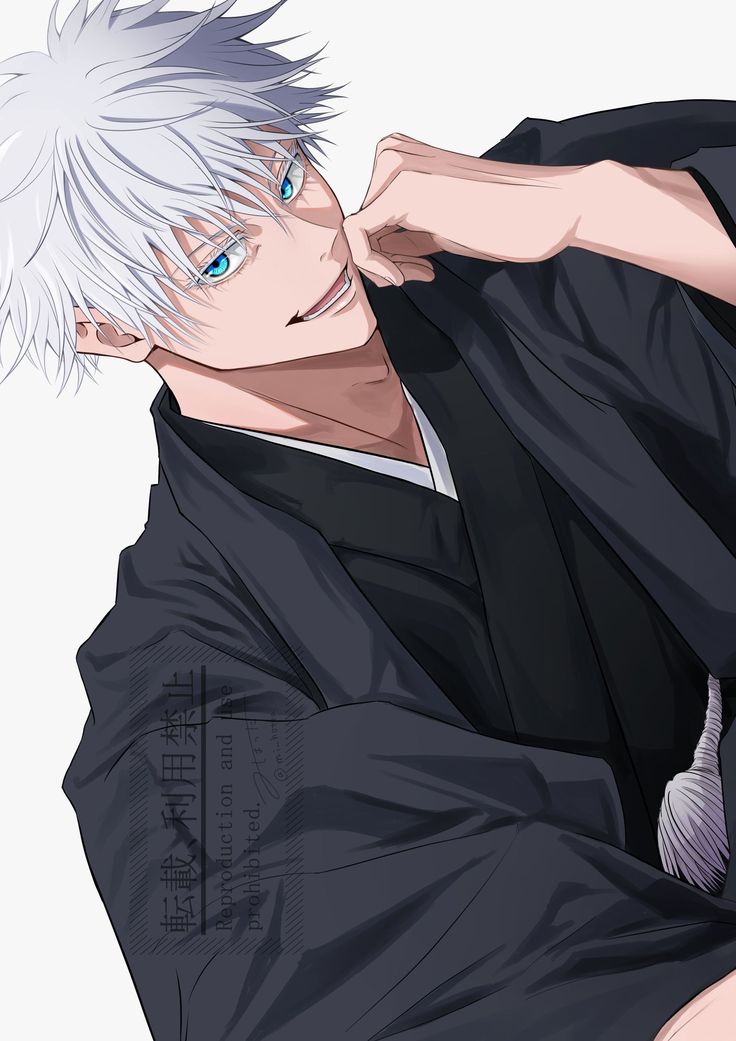 mi hotta, gojou satoru, jujutsu kaisen, highres, 1boy, alternate costume, aqua eyes, black kimono, colored eyelashes, english text, grey hair, hair between eyes, hand up, japanese clothes, kimono, looking at viewer, male focus, open mouth, short hair, simple background, smile, solo, spiked hair, upper body, watermark, white background