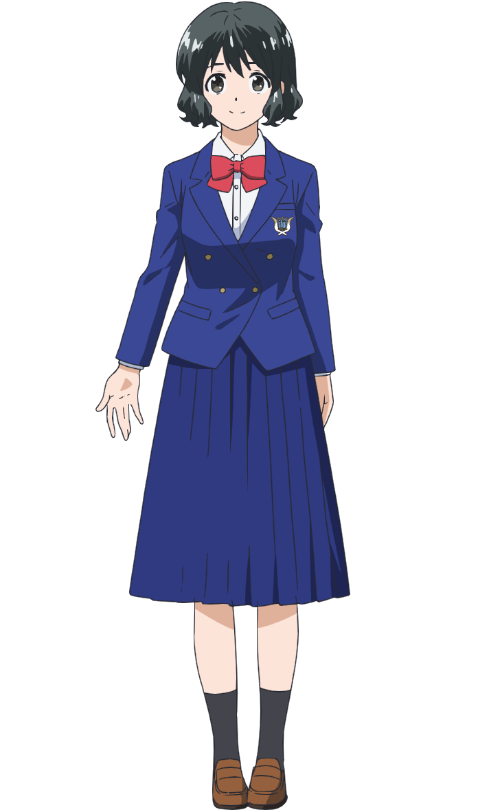 morita kazuaki, ao no orchestra, official art, 1girl, anime coloring, black socks, blazer, blue jacket, blue skirt, bow, bowtie, breasts, brown shoes, closed mouth, collared shirt, full body, grey eyes, grey hair, jacket, kozakura haru, loafers, long sleeves, looking at viewer, medium breasts, open hand, pleated skirt, red bow, shirt, shoes, short hair, simple background, skirt, smile, socks, solo, standing, tachi-e, transparent background, white shirt
