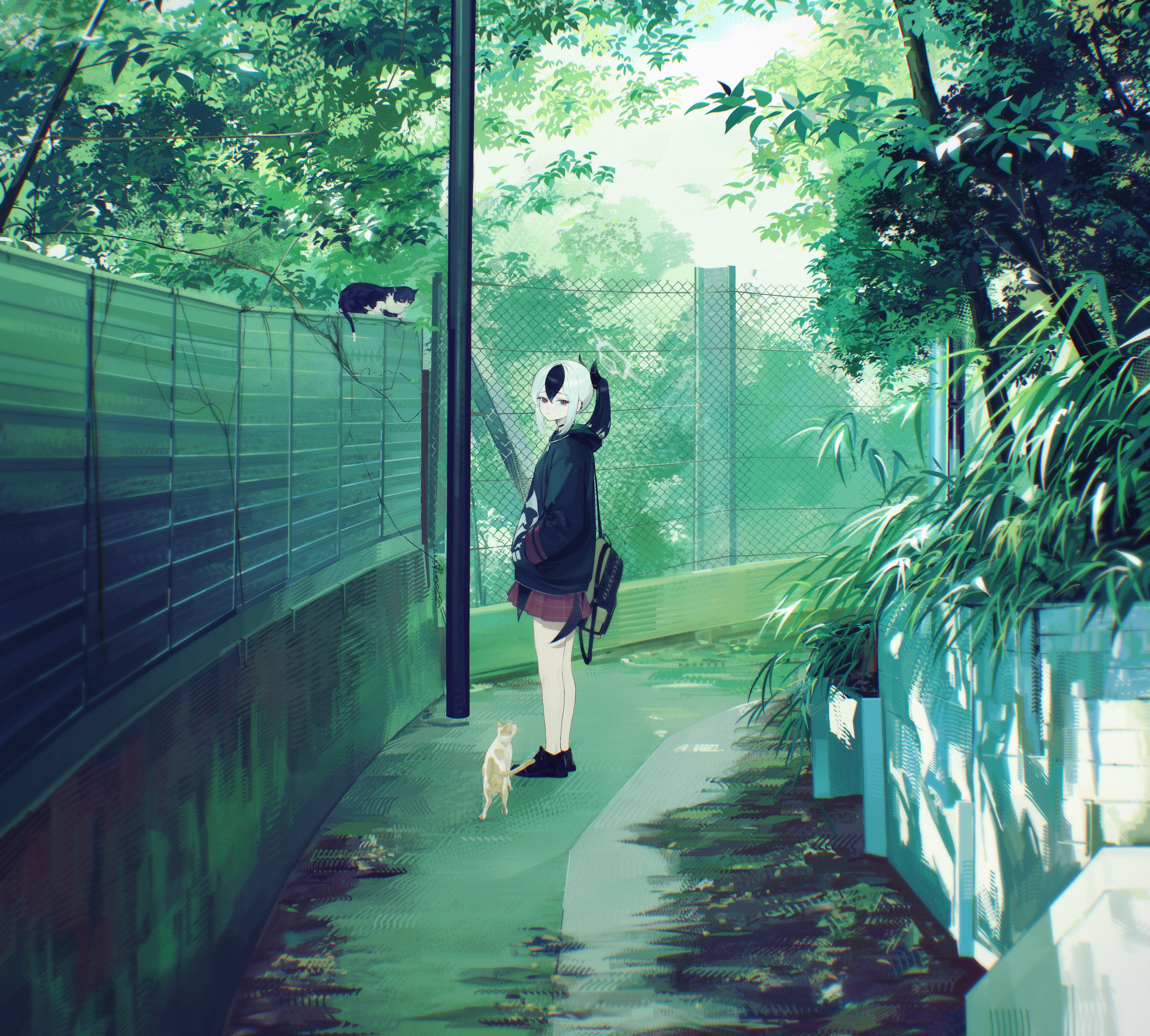 14yuruis, kayoko (blue archive), blue archive, absurdres, hashtag-only commentary, highres, 1girl, backpack, bag, black choker, black hair, black hoodie, black shoes, black wings, bright pupils, bush, cat, chain-link fence, choker, closed mouth, dappled sunlight, demon horns, demon wings, ear piercing, fence, hair between eyes, halo, hands in pockets, high ponytail, hood, hoodie, horns, long sleeves, looking at viewer, looking to the side, low wings, medium hair, multicolored hair, multiple cats, no socks, outdoors, piercing, plaid clothes, plaid skirt, pleated skirt, ponytail, red eyes, red skirt, road, scenery, shoes, single wing, skirt, sneakers, solo, standing, sunlight, tree, two-tone hair, utility pole, white hair, white halo, white pupils, wide shot, wings, zipper pull tab