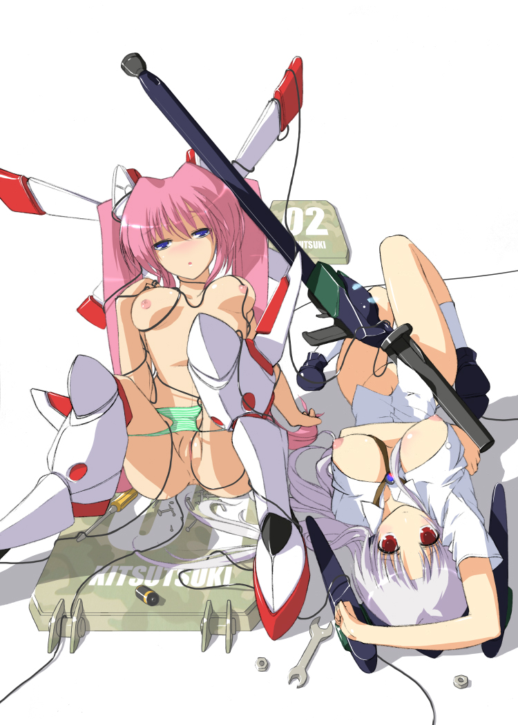 sakura sora, original, silver hair, bad id, bad pixiv id, 2girls, breasts, gun, legs, lying, mecha musume, medium breasts, multiple girls, open clothes, open shirt, panties, pink hair, pussy, red eyes, shirt, small breasts, twintails, underwear, weapon, wrench