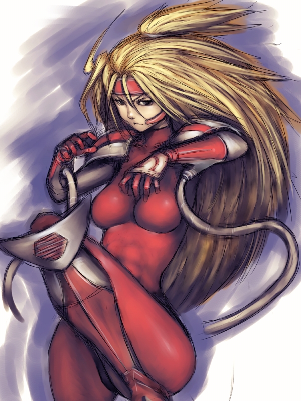 fumio (rsqkr), omega red, marvel, x-men, eyebrows, 1girl, armor, bandana, blonde hair, brown eyes, cosplay, female focus, genderswap, genderswap (mtf), long hair, russian text, solo, soviet, tentacles