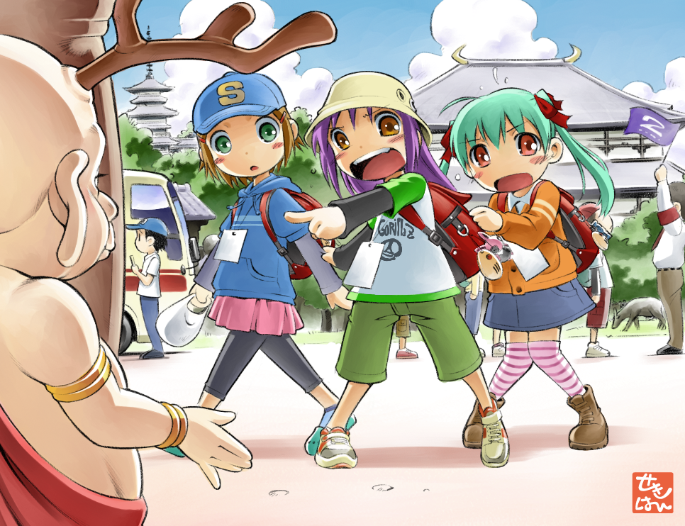 sekihan, sento-kun, gorillaz, striped legwear, bad id, bad pixiv id, 3girls, 6+boys, backpack, bag, hat, leggings, multiple boys, multiple girls, outdoors, patterned legwear, pointing, randoseru, scared, thighhighs, walking