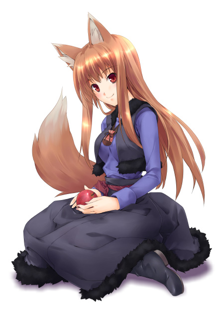 minamino kanata, holo, spice and wolf, 00s, 1girl, animal ears, apple, brown hair, female focus, food, fruit, holding, holding food, holding fruit, long hair, red eyes, solo, tail, wolf ears, wolf tail