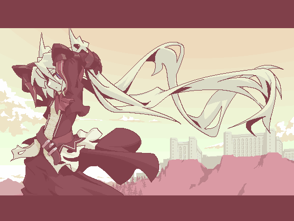 mof, mof's silver haired twintailed girl, original, 1girl, adjusting hair, arms up, cowboy shot, female focus, floating hair, from side, letterboxed, long hair, long sleeves, monochrome, oekaki, red theme, solo, tying hair, very long hair