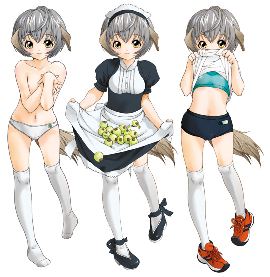inuburo, copyright request, 1girl, animal ears, bra, buruma, clothes lift, dog ears, grey hair, kneehighs, lingerie, loli, maid, panties, shirt lift, short hair, socks, sports bra, tail, thighhighs, topless female, underwear, underwear only, yellow eyes