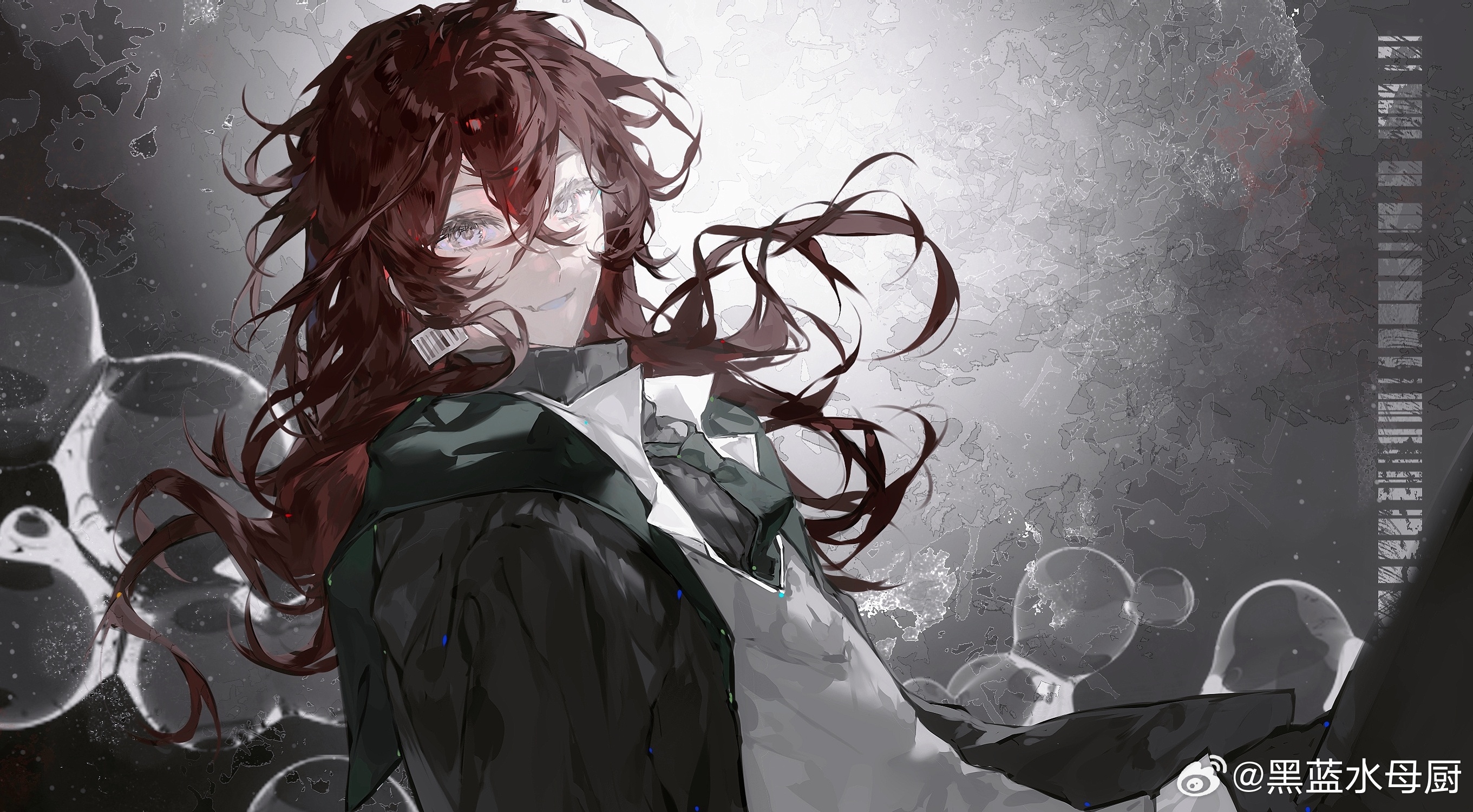 original, highres, 1boy, black jacket, bubble, coat, collared shirt, green necktie, grey eyes, hair between eyes, heilanshuimuchu, jacket, long hair, looking at viewer, male focus, necktie, open clothes, open jacket, parted lips, red hair, shirt, smile, solo, sweater, turtleneck, turtleneck sweater, upper body, watermark, weibo username, weibo watermark, white shirt
