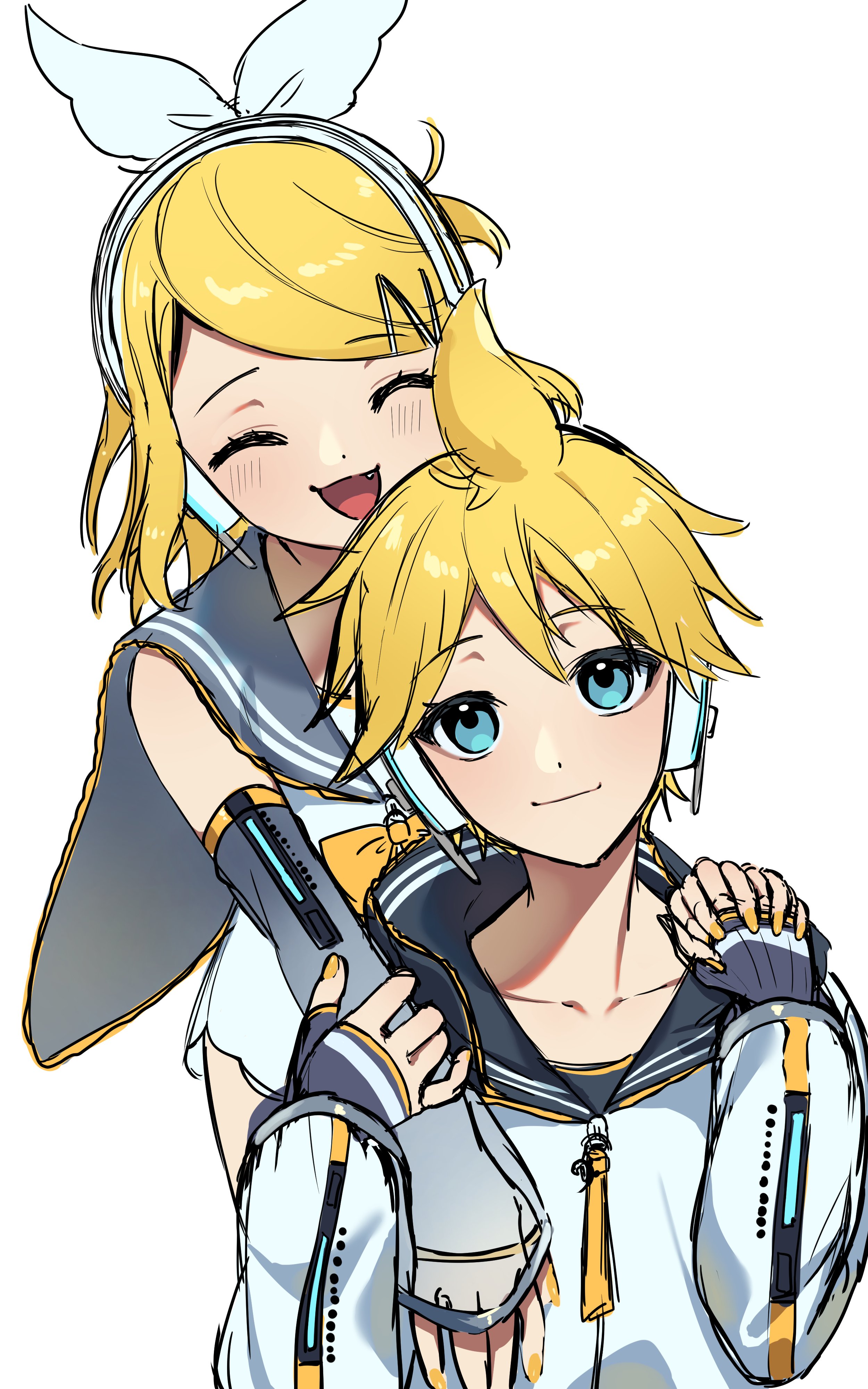 inu8neko, kagamine len, kagamine rin, piapro studio, vocaloid, absurdres, highres, 1girl, arm warmers, bare shoulders, black sailor collar, blonde hair, blue eyes, bow, chin rest, closed eyes, collarbone, detached sleeves, fang, grey sailor collar, grey sleeves, hair bow, hair ornament, hairclip, hand on another's shoulder, hands on another's shoulders, head on head, head rest, head tilt, headphones, hug, hug from behind, kagamine len (nt), kagamine rin (nt), looking at viewer, nail polish, neckerchief, necktie, open mouth, ponytail, sailor collar, shirt, short hair, short ponytail, simple background, sleeveless, sleeveless shirt, smile, spiked hair, swept bangs, upper body, white background, white shirt, yellow neckerchief