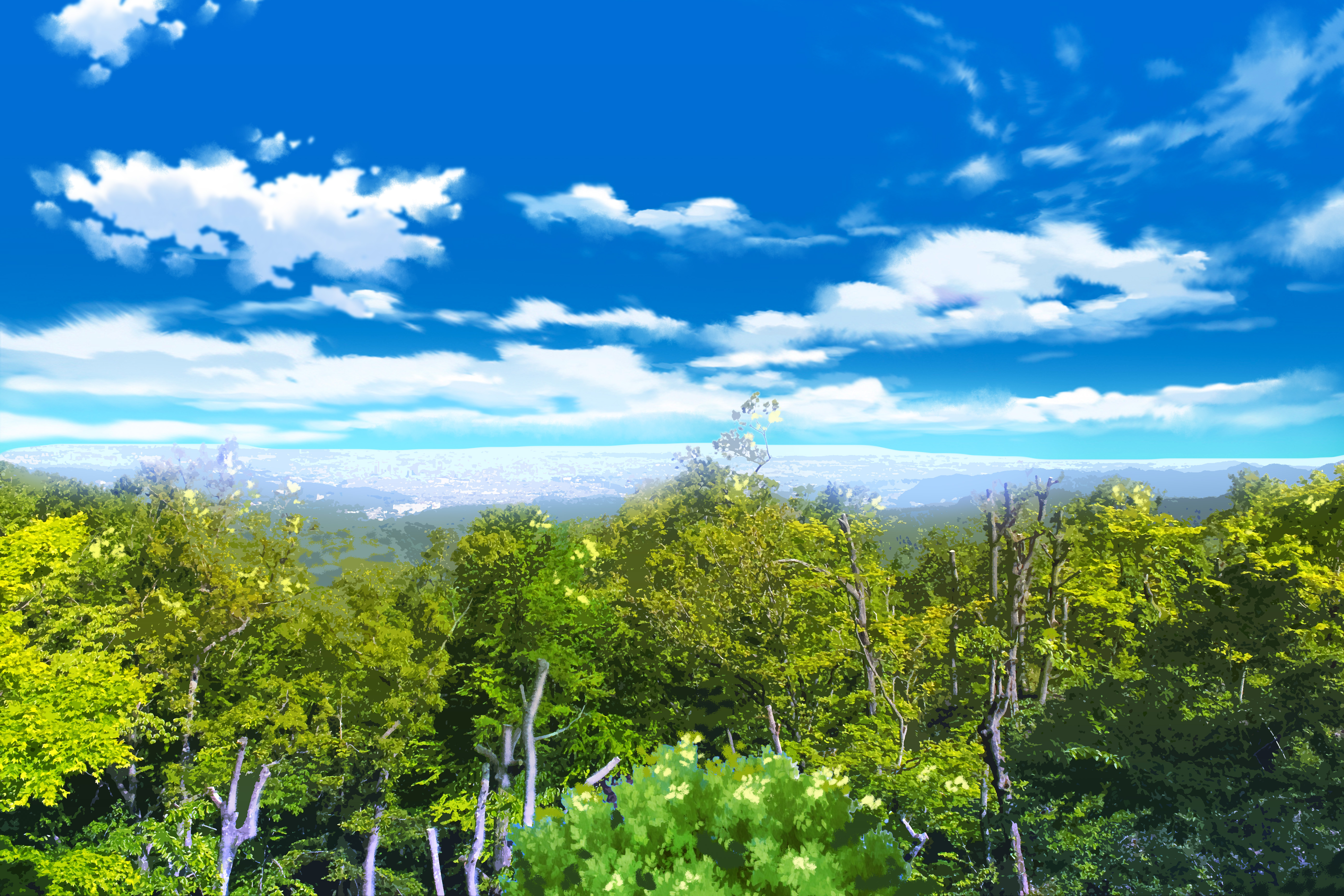 warera, original, absurdres, commentary request, highres, photoshop (medium), blue sky, cloud, day, forest, nature, no humans, outdoors, real world location, scenery, sky, tokyo (city), tree