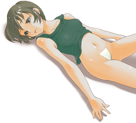 inuburo, copyright request, lowres, blue eyes, bottomless, brown hair, lying, maebari, navel, no panties, short hair, simple background, solo, white background