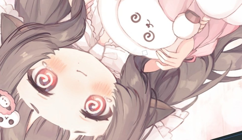 wao nwon, original, @ @, animal ears, blunt bangs, blush, brown hair, closed mouth, hair ornament, holding, long hair, looking at viewer, lying, red eyes, solo, stuffed animal, stuffed toy, tearing up, tears, upside-down, virtual youtuber