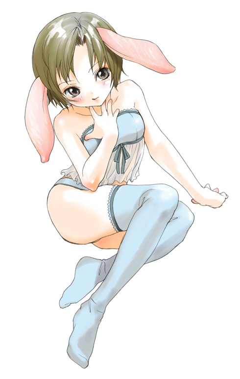 inuburo, copyright request, animal ears, brown eyes, brown hair, lingerie, rabbit ears, short hair, solo, thighhighs, underwear
