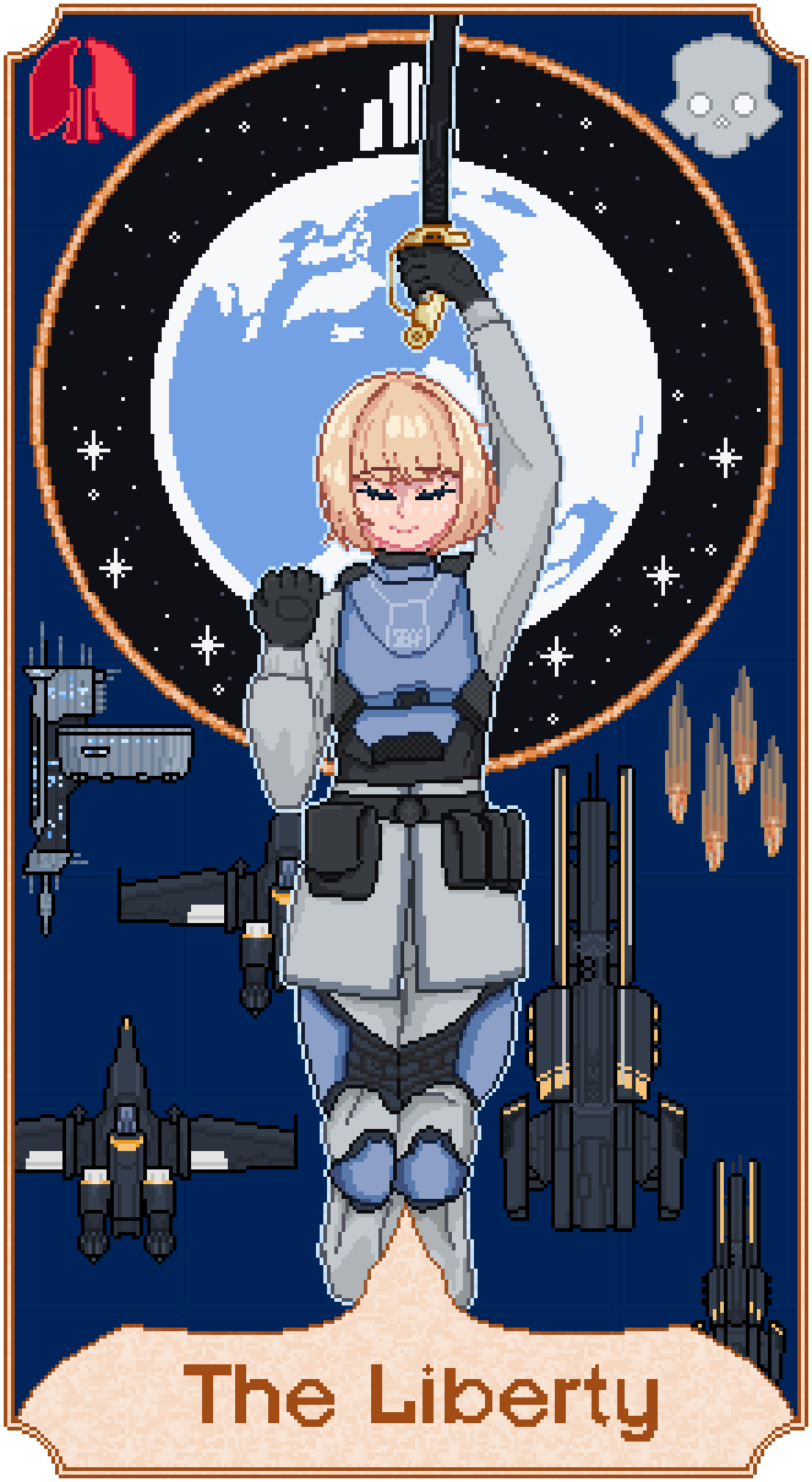 seaf soldier (helldivers), helldivers (series), highres, microsoft paint (medium), 1girl, blonde hair, card, closed eyes, haiyorikairin, pixel art, super destroyer (helldivers), super earth salute (helldivers)