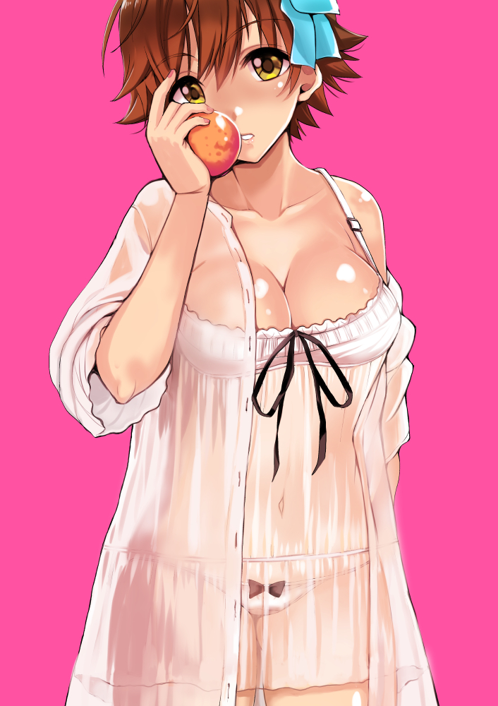 shiroyukimajima, honda mio, idolmaster, idolmaster cinderella girls, commentary request, 1girl, babydoll, bow, bow panties, breasts, brown hair, cleavage, collarbone, cowboy shot, hand up, holding, looking at viewer, navel, panties, parted lips, pink background, see-through babydoll, see-through clothes, short hair, simple background, solo, standing, underwear, white panties, yellow eyes