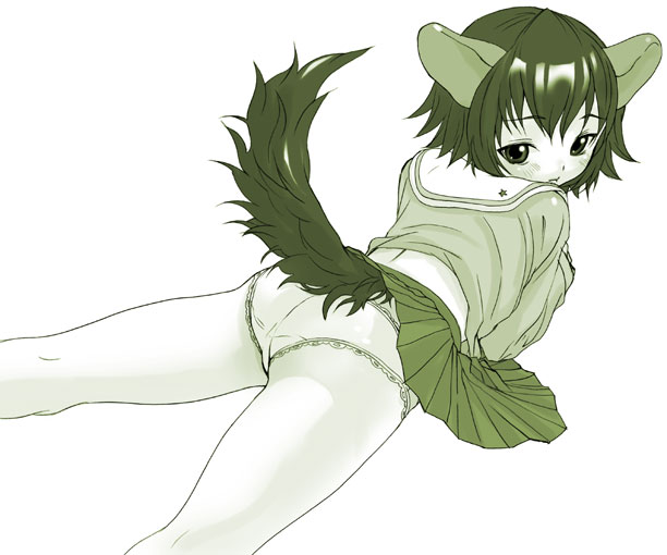 inuburo, copyright request, animal ears, ass, back, dog ears, green theme, looking back, lying, monochrome, panties, short hair, skirt, solo, tail, underwear