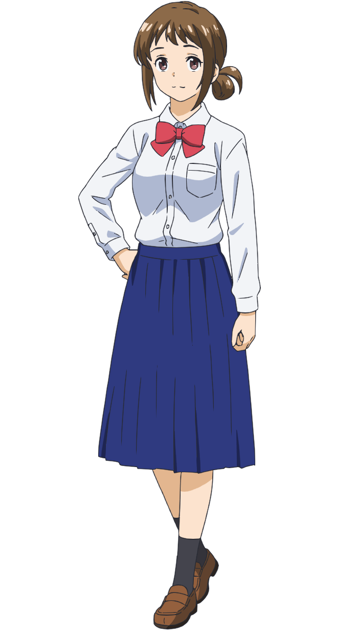 morita kazuaki, ao no orchestra, highres, official art, 1girl, anime coloring, black socks, blue skirt, bow, bowtie, breasts, brown eyes, brown hair, brown shoes, clenched hand, closed mouth, collared shirt, folded ponytail, full body, hand on own hip, loafers, long sleeves, looking at viewer, medium breasts, pleated skirt, red bow, school uniform, shirt, shoes, short hair, sidelocks, simple background, skirt, smile, socks, solo, standing, tachi-e, transparent background, white shirt, yonezawa chika