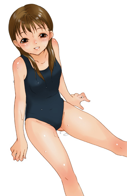 inuburo, copyright request, 1girl, brown eyes, brown hair, female focus, happy, legs, long hair, one-piece swimsuit, school swimsuit, simple background, sitting, solo, swimsuit, wet