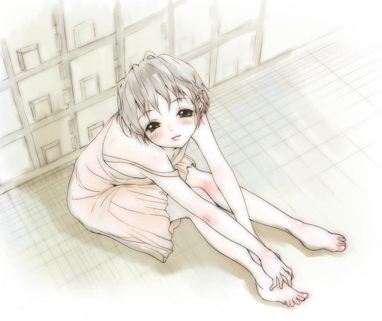inuburo, copyright request, 1girl, barefoot, blush, brown eyes, chemise, feet, female focus, grey hair, hands on feet, legs, lips, short hair, sitting, smile, solo, strap slip