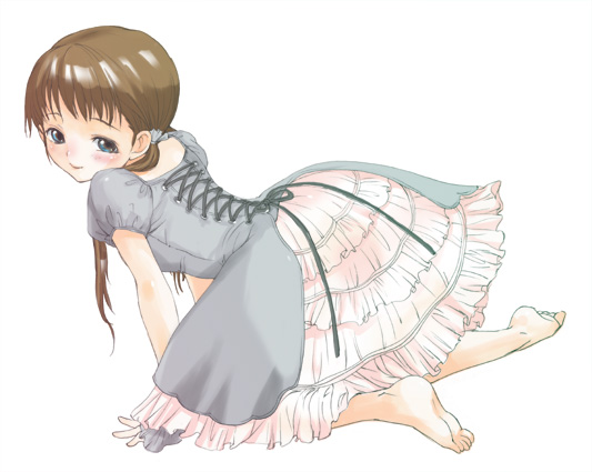 inuburo, copyright request, all fours, barefoot, blue eyes, blush, brown hair, child, corset, dress, feet, frills, long hair, solo