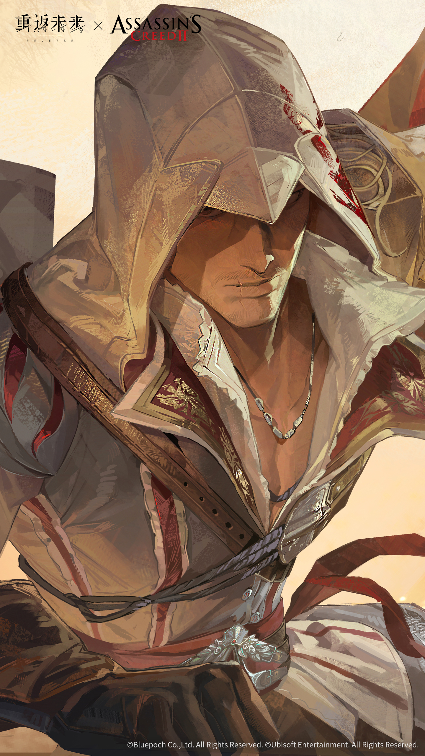 ezio auditore da firenze, assassin's creed (series), assassin's creed ii, reverse:1999, absurdres, highres, official art, official wallpaper, 1boy, beard stubble, brown gloves, copyright name, copyright notice, facial hair, gloves, hood, hood over one eye, hood up, jewelry, logo, male focus, mature male, mustache stubble, necklace, scar, scar on face, scar on mouth, shirt, solo, stubble, upper body, white shirt, yellow background