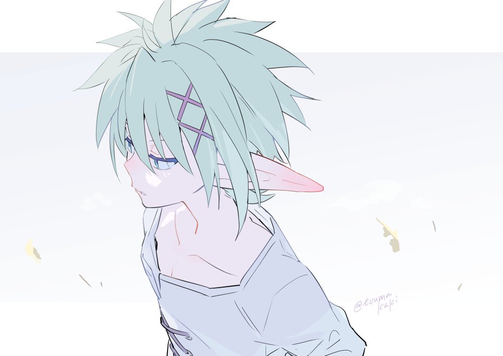 dasshu (dashi now), zel (ishuzoku reviewers), ishuzoku reviewers, 1boy, collarbone, long sleeves, looking ahead, male focus, parted lips, pointy ears, shirt, short hair, solo, upper body