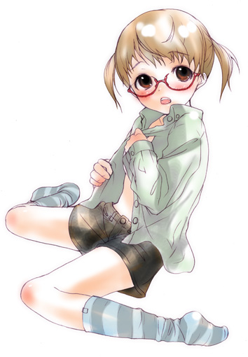 inuburo, copyright request, blush, brown eyes, brown hair, glasses, short hair, shorts, socks, solo, striped clothes, striped socks, twintails, undressing