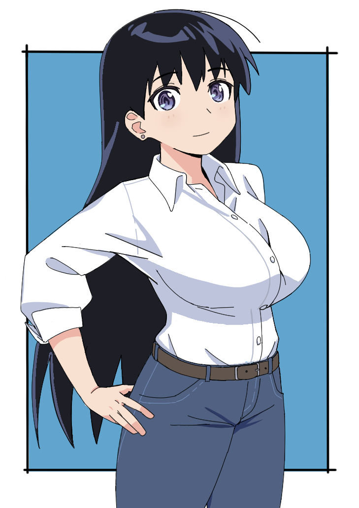 arato nagi, ruri no houseki, artist request, tagme, 1girl, black hair, blue background, blue pants, breasts, collared shirt, denim, ear piercing, jeans, large breasts, pants, piercing, shirt, sleeves rolled up