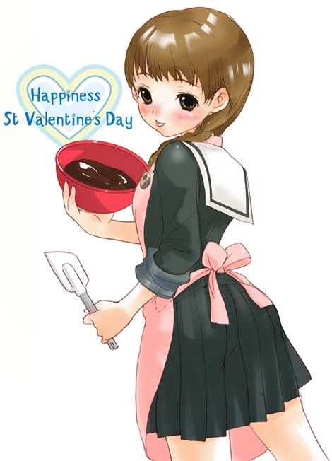 inuburo, shimazu yoshino, maria-sama ga miteru, shueisha, 00s, 1girl, :p, apron, braid, brown eyes, brown hair, chocolate, female focus, happy valentine, long hair, school uniform, serafuku, solo, tongue, tongue out, valentine