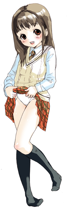 inuburo, copyright request, long image, tall image, blush, brown hair, clothes lift, happy, long hair, panties, red eyes, skirt, skirt lift, socks, solo, underwear