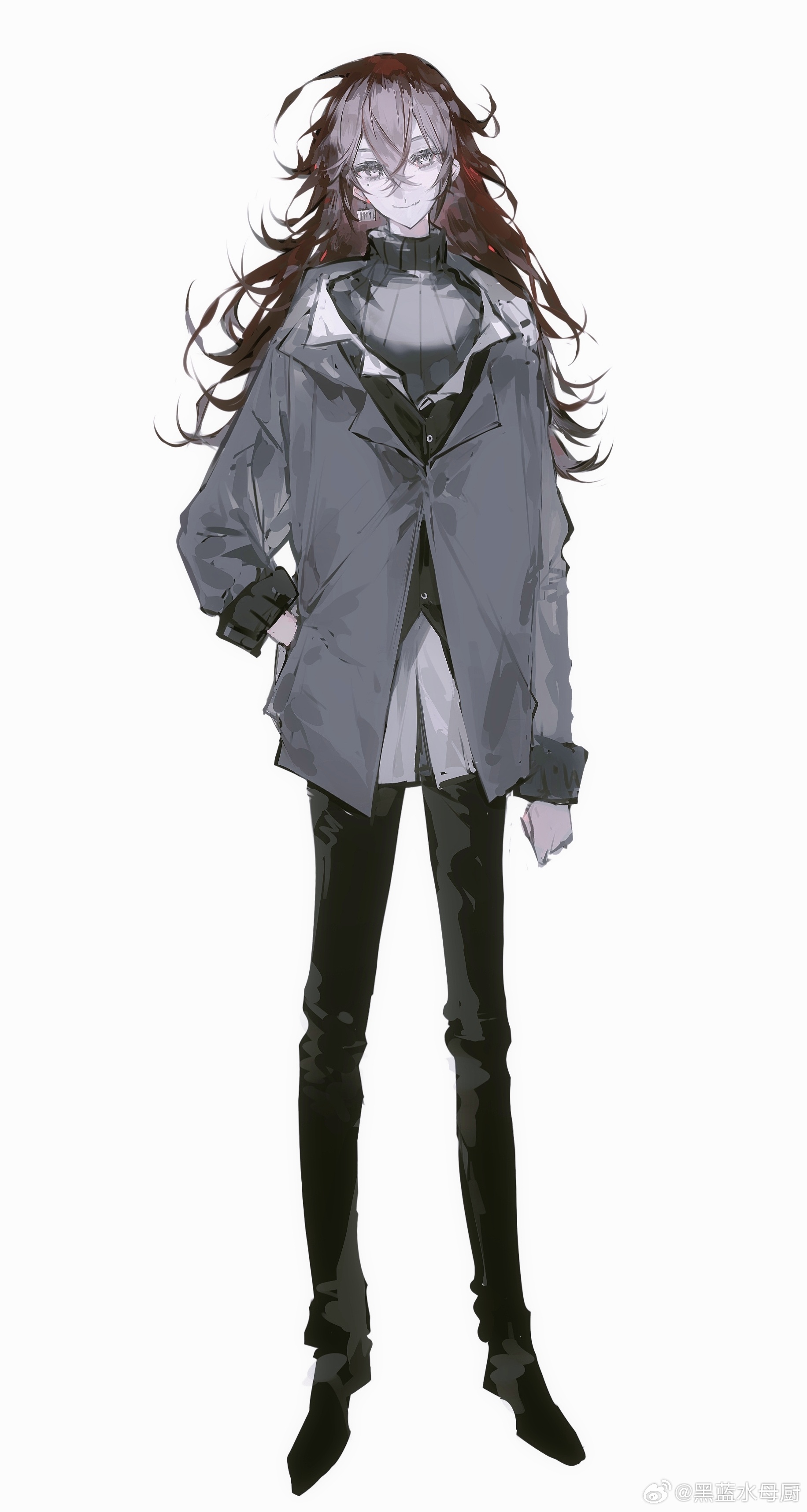 original, absurdres, highres, 1boy, black pants, black shoes, closed mouth, coat, collared shirt, full body, grey coat, grey eyes, hair between eyes, hand in pocket, heilanshuimuchu, jacket, long hair, long sleeves, looking at viewer, male focus, pants, red hair, shirt, shoes, simple background, smile, solo, standing, sweater, turtleneck, turtleneck sweater, watermark, weibo username, weibo watermark, white background, white shirt