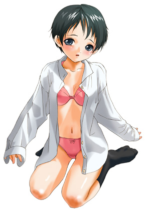 inuburo, copyright request, lowres, black eyes, black hair, bra, lingerie, open clothes, open shirt, oversized clothes, oversized shirt, panties, shirt, short hair, socks, solo, underwear