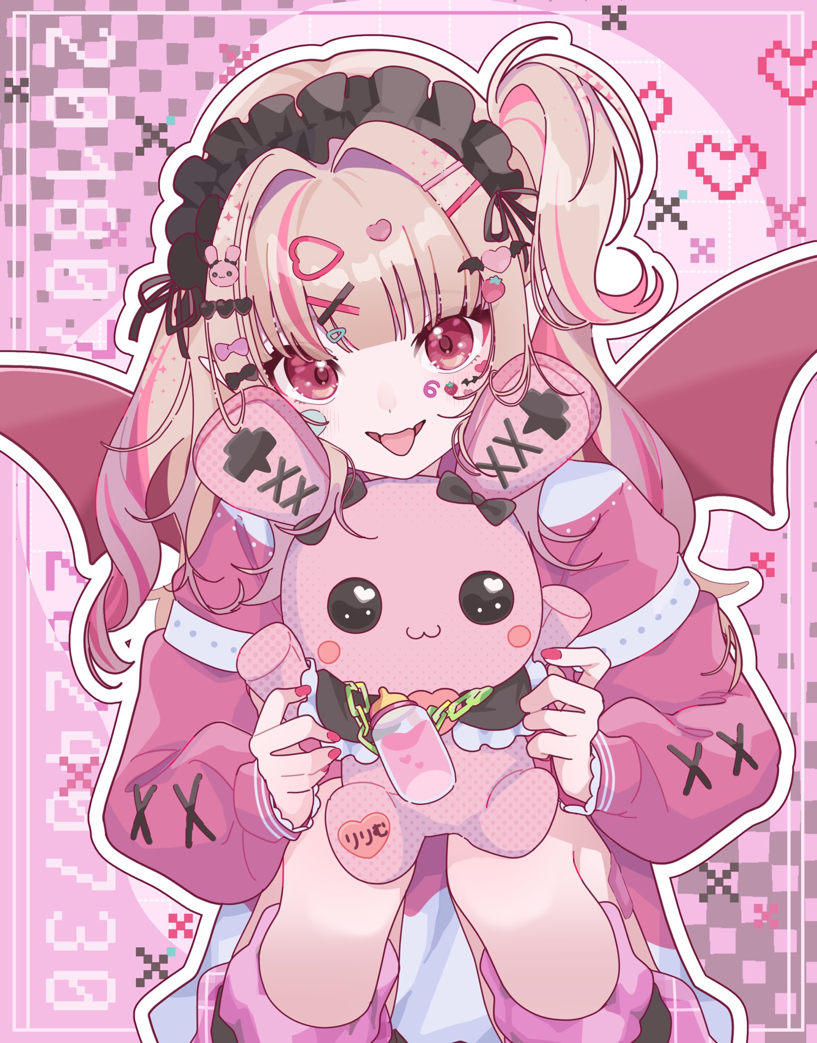 okota nijiso05, makaino ririmu, nijisanji, highres, 1girl, black bow, black headdress, blunt bangs, blush, bow, colored inner hair, cowboy shot, cross-laced clothes, cross-laced sleeves, demon wings, fangs, food-themed hair ornament, frilled sleeves, frills, grey hair, hair bow, hair intakes, hair ornament, hairclip, hairpin, heart, heart hair ornament, holding, holding stuffed toy, knees up, long hair, long sleeves, looking at viewer, multicolored hair, multiple hairpins, nail polish, official alternate costume, official alternate hairstyle, one side up, parted lips, pink background, pink bow, pink hair, pink nails, pink shirt, pointy ears, rabbit hair ornament, red eyes, red wings, shirt, skin fangs, smile, solo, sticker, sticker on face, strawberry hair ornament, streaked hair, stuffed animal, stuffed rabbit, stuffed toy, tongue, tongue out, triangle hair ornament, two-tone shirt, two side up, virtual youtuber, white shirt, winged heart, wings, x hair ornament