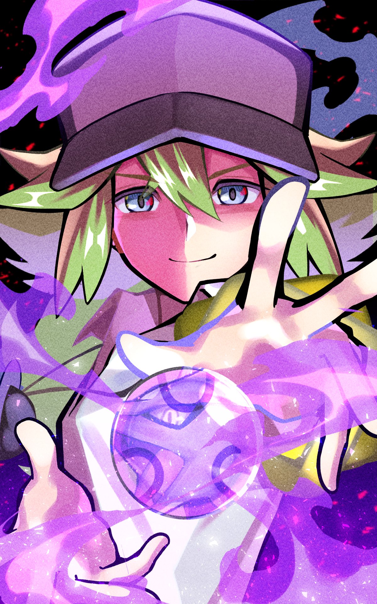 inana umi, n (pokemon), reshiram, nintendo, pokemon, pokemon bw, highres, 1boy, baseball cap, closed mouth, collared shirt, gen 5 pokemon, green hair, hair between eyes, hat, jewelry, legendary pokemon, long hair, looking at viewer, male focus, necklace, poke ball, pokemon (creature), shirt, smile, upper body, white shirt