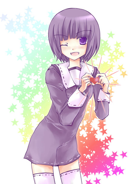 shima hinako, soror, elysion, sound horizon, 1girl, bob cut, female focus, four-finger heart hands, heart, heart hands, heart in heart hands, ribbon-trimmed thighhighs, ribbon trim, solo, thighhighs
