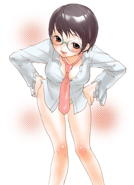 inuburo, copyright request, black hair, blush, brown eyes, legs, necktie, panties, shirt, short hair, smile, solo, underwear, undressing