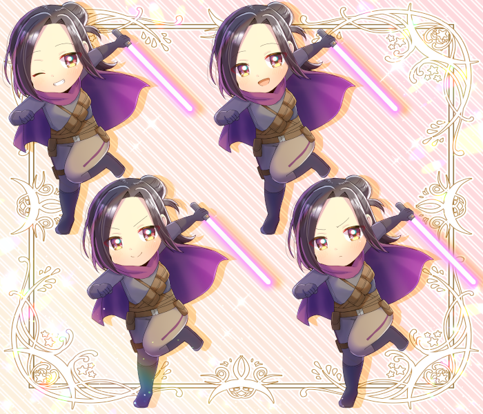 kou hiyoyo, original, commentary request, commission, skeb commission, 1girl, :d, asymmetrical hair, black hair, boots, chibi, closed mouth, energy sword, full body, gloves, grin, hair bun, holding, holding weapon, lightsaber, looking at viewer, multi-source commentary, multiple views, one eye closed, open mouth, parted lips, red eyes, short hair, single hair bun, smile, sword, v-shaped eyebrows, weapon