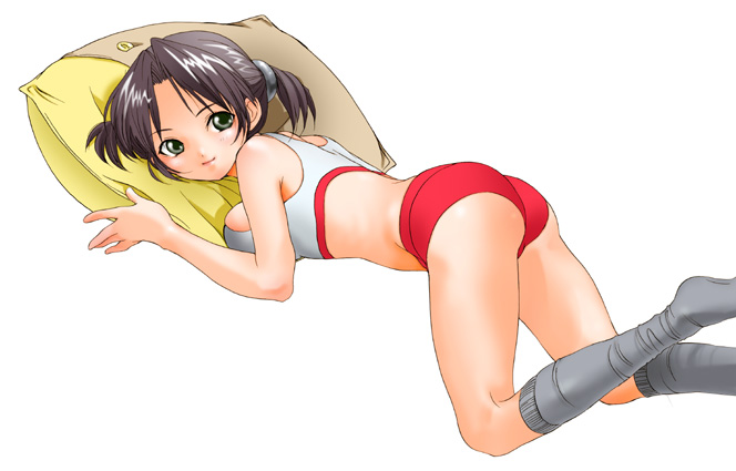inuburo, copyright request, 1girl, black hair, bra, breast press, breasts, buruma, female focus, green eyes, lingerie, lying, pillow, short hair, small breasts, smile, socks, solo, sports bra, twintails, underwear