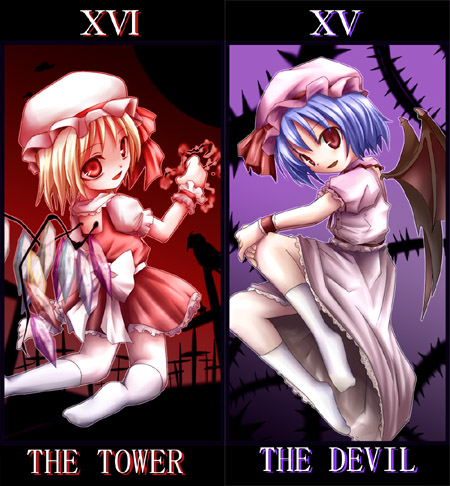 tenmal, tenmaru, flandre scarlet, remilia scarlet, touhou, bad id, bad pixiv id, lowres, 2girls, blonde hair, blue hair, card (medium), female focus, hat, mob cap, multiple girls, ribbon, siblings, sisters, tarot, tarot (medium), the devil (tarot), the tower (tarot), wings