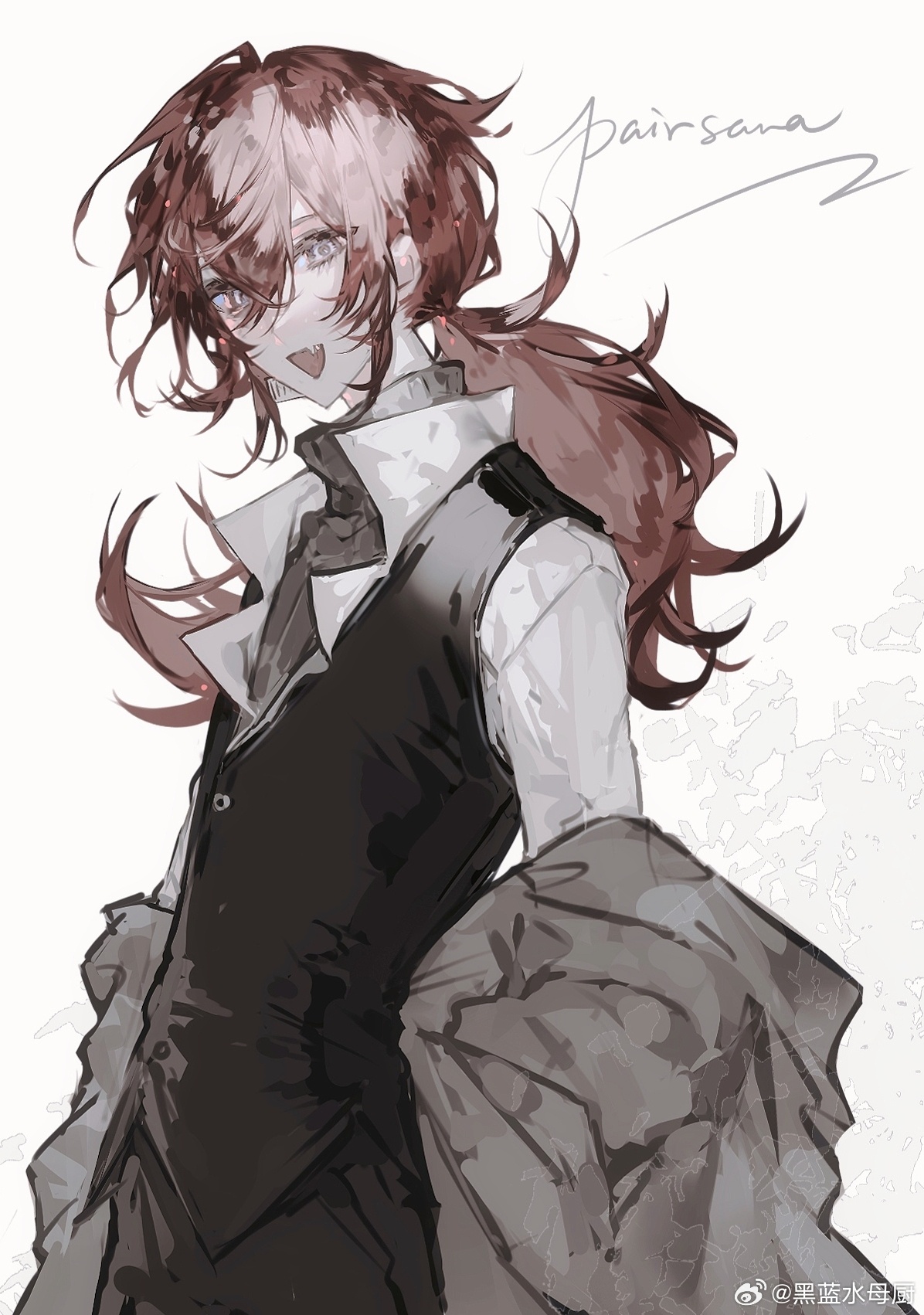 original, highres, 1boy, black pants, black vest, collared shirt, fang, hair between eyes, heilanshuimuchu, jacket, long hair, looking at viewer, low ponytail, male focus, off shoulder, open mouth, pants, ponytail, red hair, shirt, simple background, smile, solo, sweater, turtleneck, turtleneck sweater, twitter username, vest, weibo username, white background, white shirt