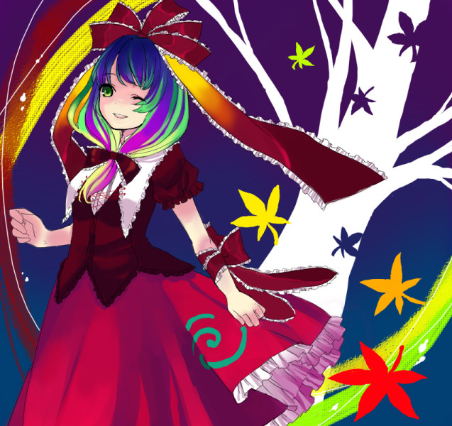 tan (tangent), ted (artist), kagiyama hina, touhou, bad id, bad pixiv id, 1girl, arm ribbon, bow, female focus, front ponytail, green eyes, green hair, hair bow, hair ribbon, leaf, long hair, matching hair/eyes, multicolored hair, one eye closed, open mouth, purple hair, ribbon, smile, solo