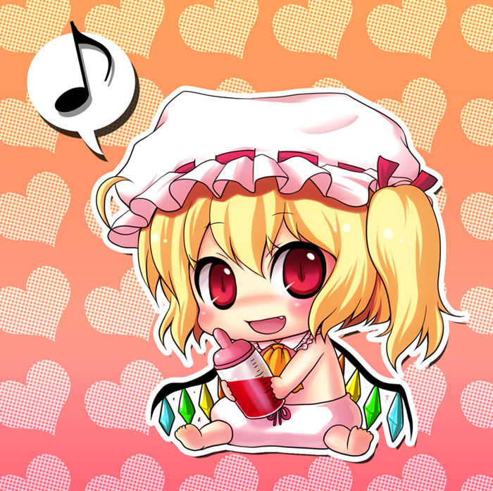 mokku, flandre scarlet, touhou, bad id, bad pixiv id, 1girl, :d, baby, baby bottle, barefoot, blonde hair, blood, bottle, chibi, fang, female focus, hat, heart, mob cap, musical note, open mouth, quaver, red eyes, ribbon, short hair, side ponytail, sitting, slit pupils, smile, solo, speech bubble, spoken musical note, vampire, wings