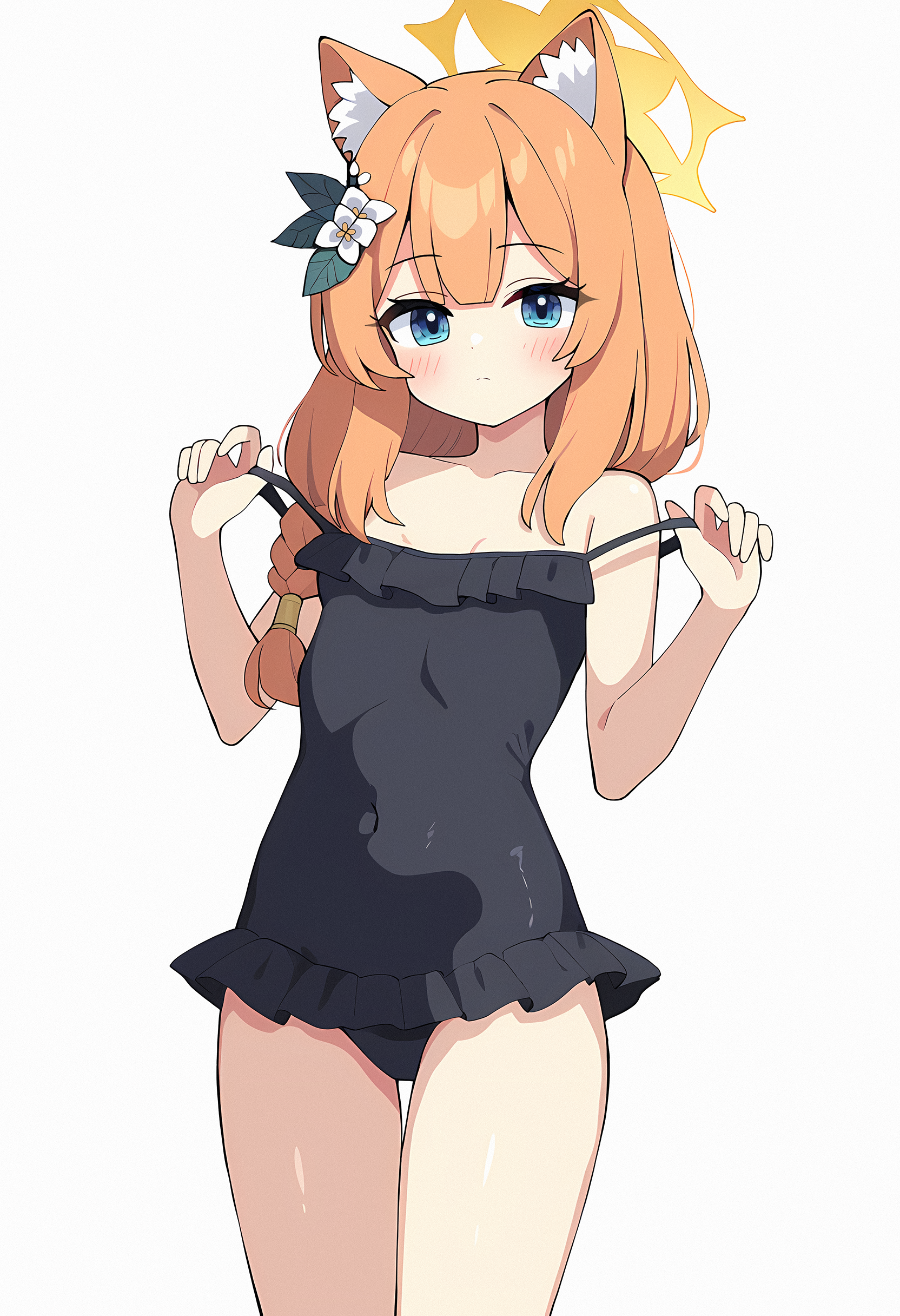 sakonana, mari (blue archive), mari (swimsuit) (blue archive), blue archive, 1girl, alternate costume, animal ear fluff, animal ears, bare arms, bare shoulders, blue eyes, clothes pull, flower, frills, halo, long hair, low-tied long hair, one-piece swimsuit, one-piece swimsuit pull, orange hair, sidelocks, swimsuit, thighs, white flower, yellow halo