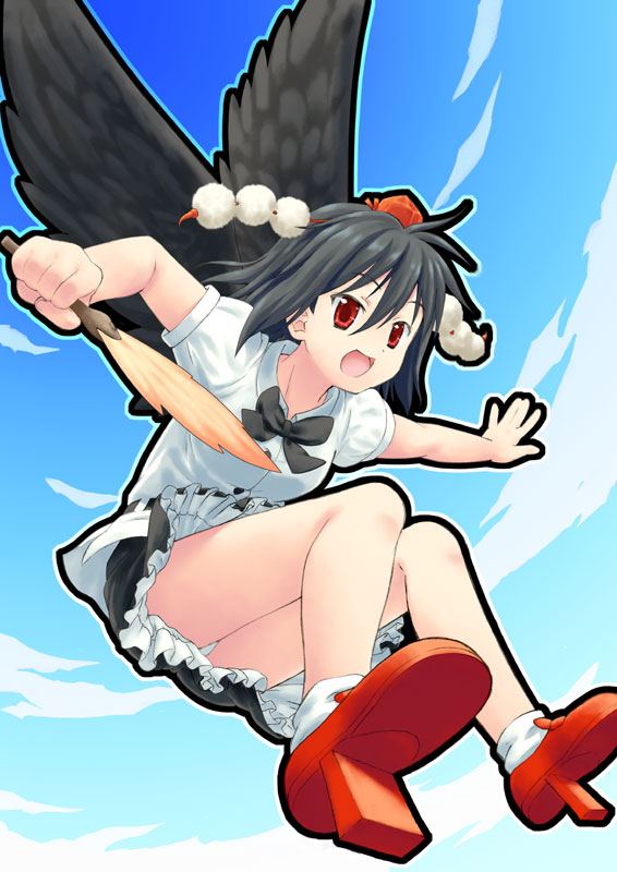 nagamori, shameimaru aya, touhou, looking away, 1girl, black wings, female focus, geta, hat, open mouth, panties, solo, tengu-geta, underwear, wings