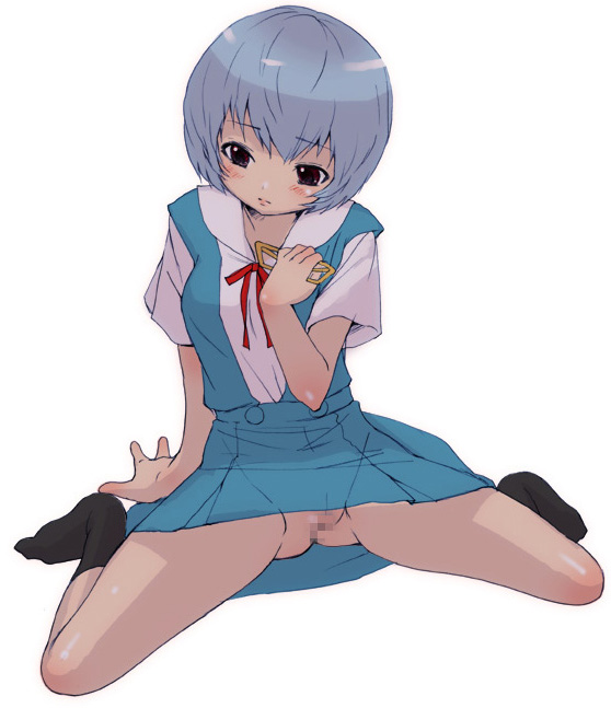 inuburo, ayanami rei, gainax, neon genesis evangelion, 1girl, blue hair, censored, female focus, glasses, holding, holding removed eyewear, loli, mosaic censoring, no panties, pussy, red eyes, school uniform, serafuku, short hair, sitting, socks, solo, spread legs, unworn eyewear