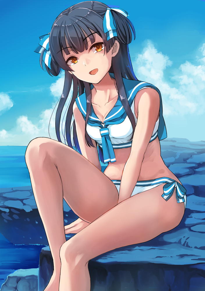 shiroyukimajima, mayuzumi fuyuko, idolmaster, idolmaster shiny colors, 1girl, between legs, bikini, black hair, blue bow, blue sailor collar, bow, breasts, collarbone, day, hair bow, hand between legs, knee up, long hair, looking at viewer, open mouth, outdoors, sailor bikini, sailor collar, sailor swimsuit (idolmaster), sitting, solo, swimsuit, two-tone bow, two side up, white bikini, white bow, yellow eyes