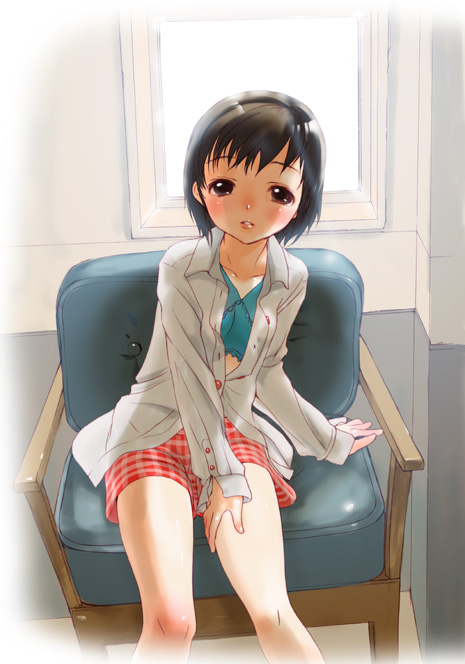 inuburo, copyright request, black hair, brown eyes, legs, open clothes, open shirt, shirt, short hair, sitting, solo