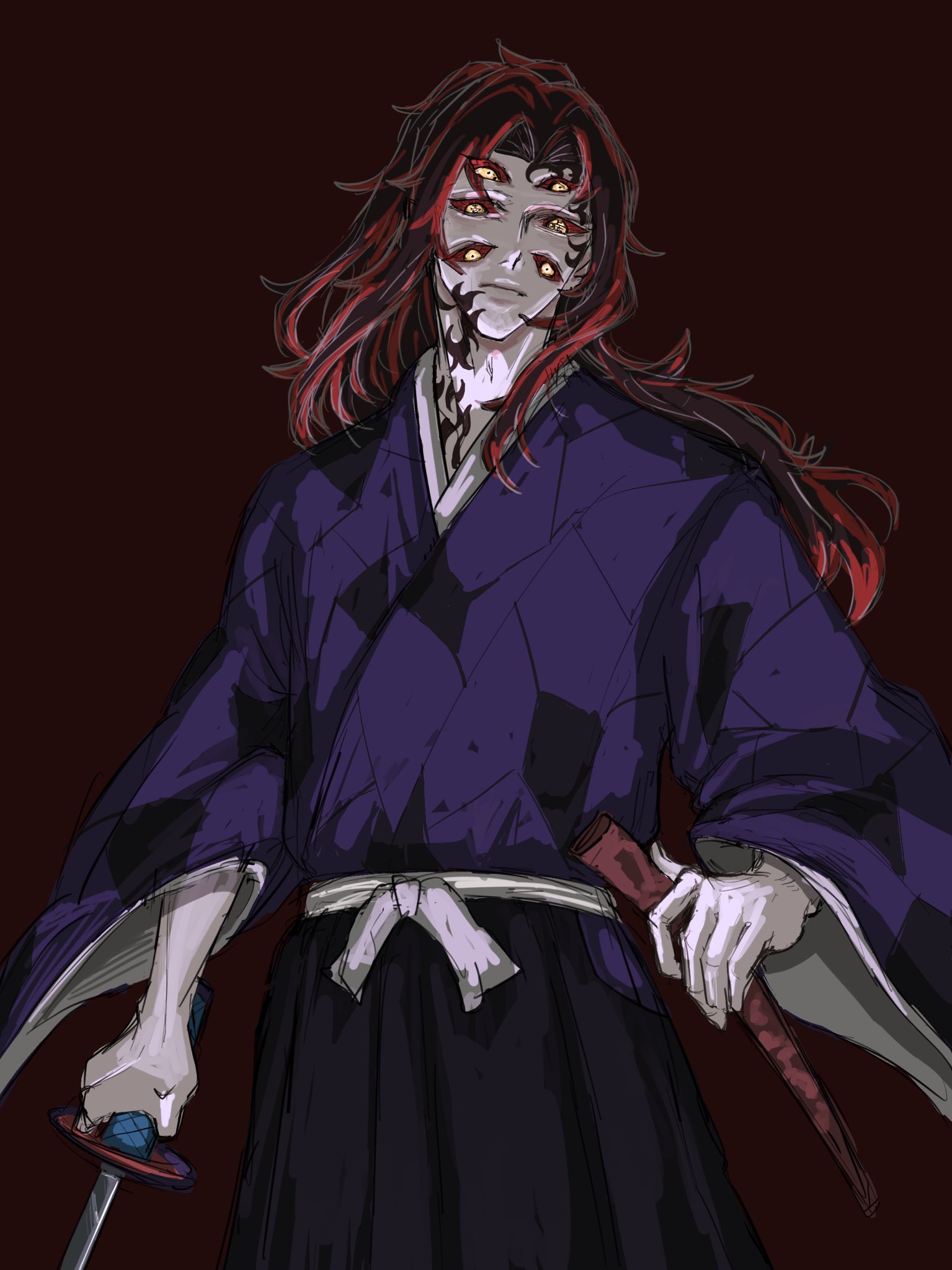 kokushibou, kimetsu no yaiba, highres, 1boy, black hakama, colored sclera, cowboy shot, extra eyes, facial tattoo, go tengok, hakama, high ponytail, holding, holding sword, holding weapon, japanese clothes, katana, kimono, long hair, looking at viewer, male focus, neck tattoo, ponytail, purple kimono, red background, red hair, red sclera, simple background, solo, sword, tattoo, weapon, wide sleeves, yellow eyes