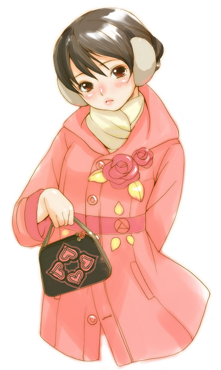 inuburo, copyright request, highres, animal ears, bag, blush, brown hair, red eyes, scarf, short hair