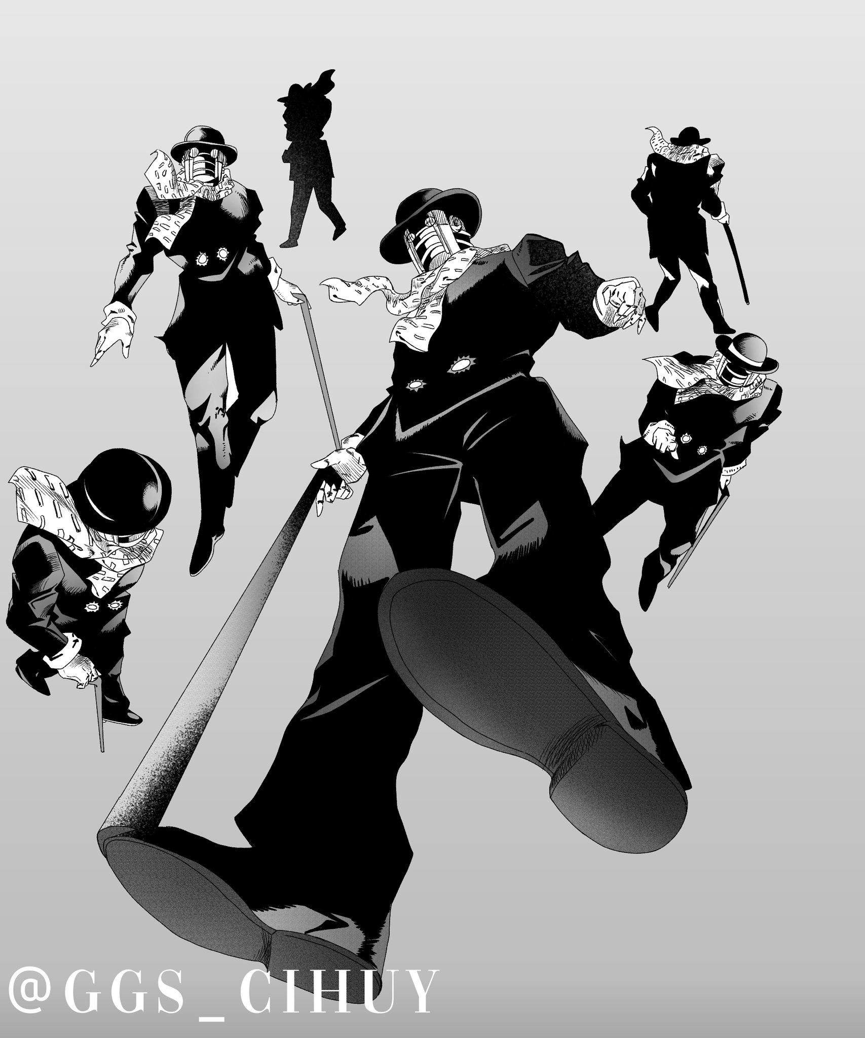 wonder of u, jojo no kimyou na bouken, jojolion, commentary, english commentary, highres, 1other, bowler hat, cane, coat, foreshortening, formal clothes, from below, ggs cihuy, gloves, grey background, greyscale, hat, holding, holding cane, long sleeves, monochrome, multiple views, other focus, pants, scarf, shoes, simple background, stand (jojo), suit, twitter username, walking