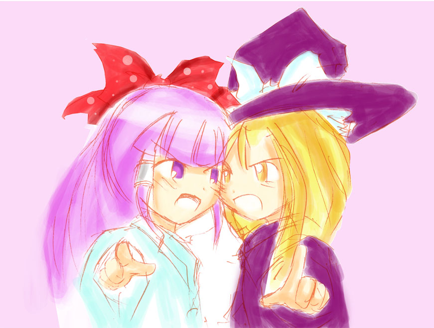 hakurei reimu, hakurei reimu (pc-98), kirisame marisa, kirisame marisa (pc-98), touhou, touhou (pc-98), 2girls, angry, blonde hair, bow, cheek-to-cheek, child, dress, female focus, hair bow, hat, heads together, japanese clothes, miko, multiple girls, pink background, pointing, pointing at viewer, purple dress, purple eyes, purple hair, purple hat, red bow, shirt, white bow, white shirt, witch, witch hat, yellow eyes