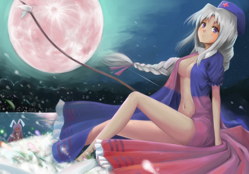yakusa, reisen udongein inaba, yagokoro eirin, touhou, 2girls, animal ears, bare legs, braid, breasts, cleavage, female focus, legs, moon, multiple girls, night, no bra, open clothes, purple eyes, rabbit ears, red moon, white hair, wind